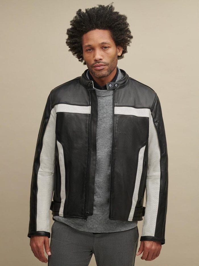 Jonny blocked black leather biker jacket for men - Image 2