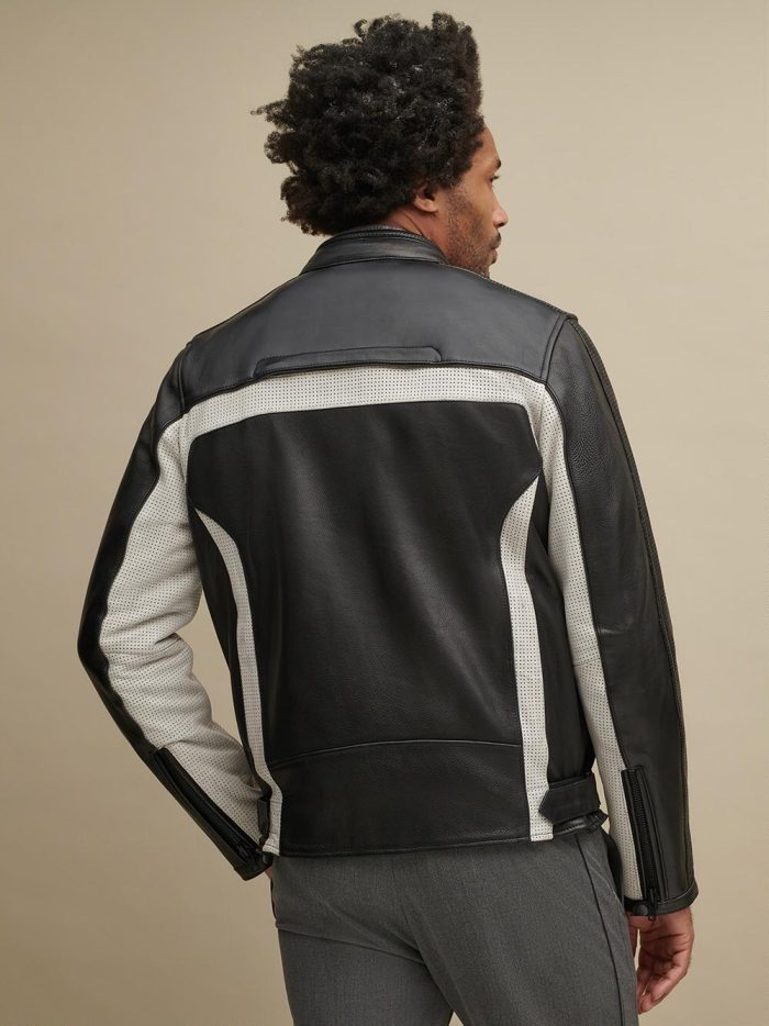 Jonny blocked black leather biker jacket for men - Image 3