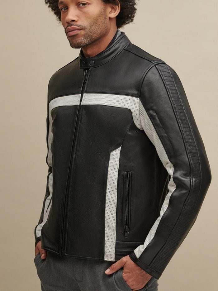 Jonny blocked black leather biker jacket for men - Image 4