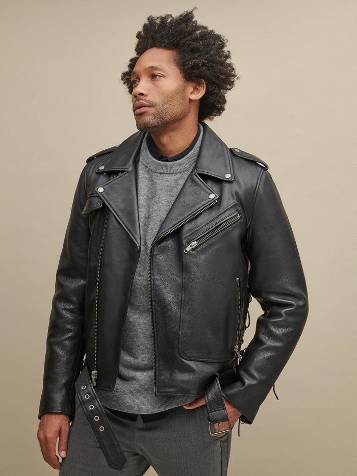 Finn black leather rider jacket with lining for men