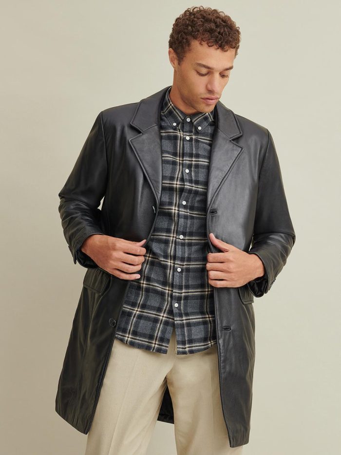 Carter black leather topper coat for men