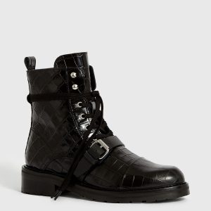 Donita black leather crocodile boots for women