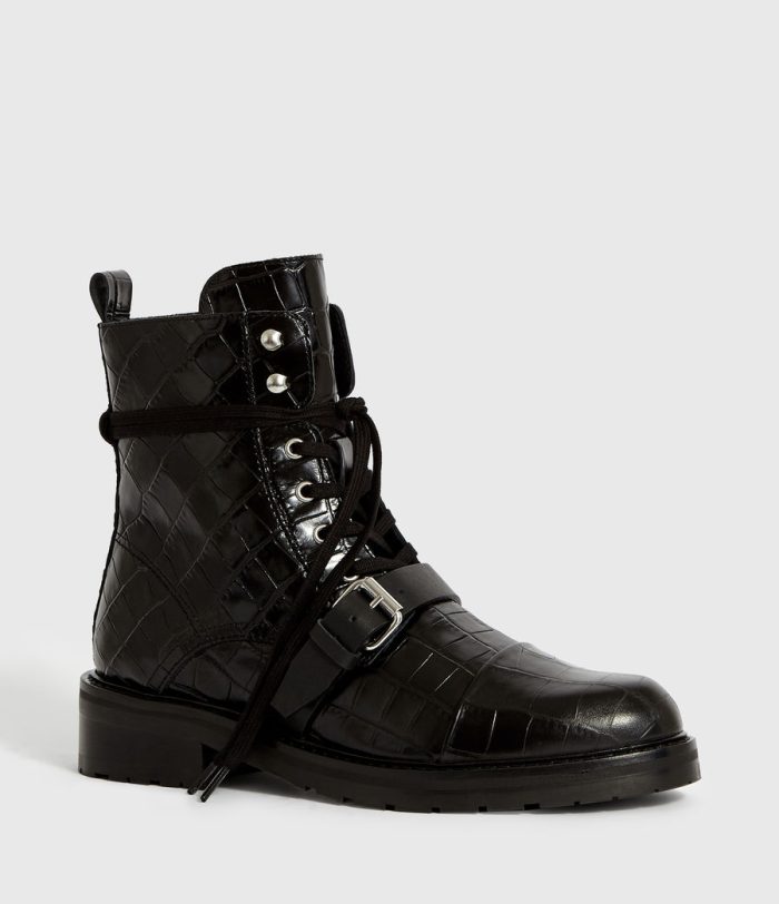 Donita black leather crocodile boots for women