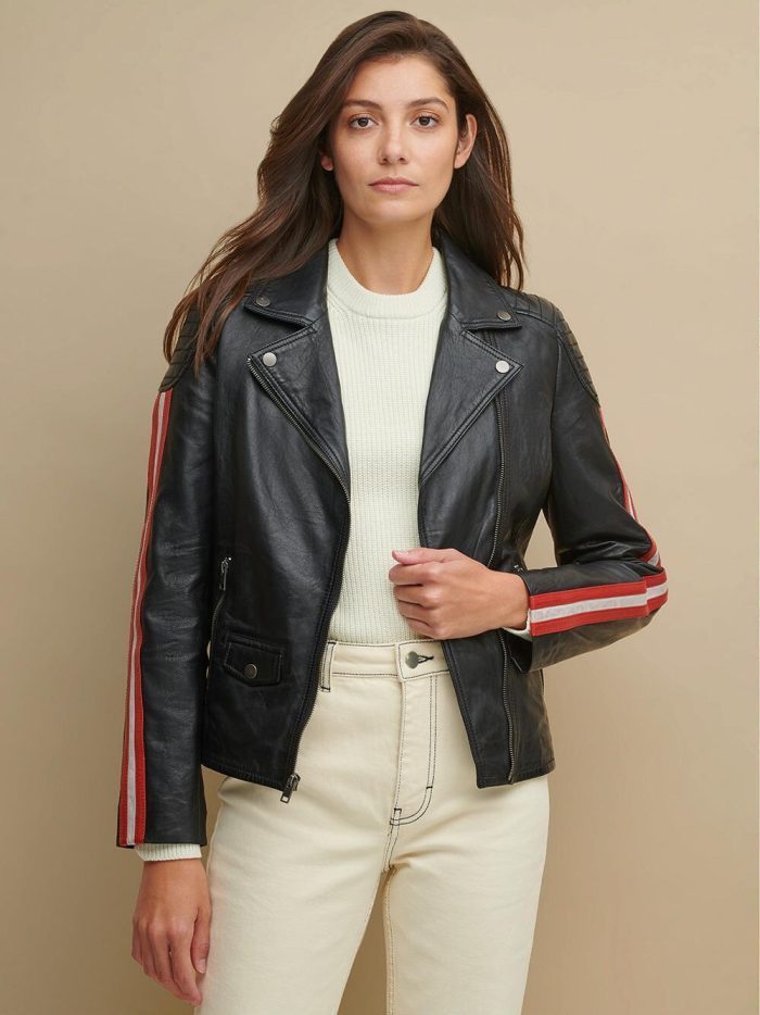 Grace asymmetrical black leather jacket for women