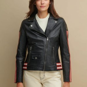 Grace asymmetrical black leather jacket for women - Image 2
