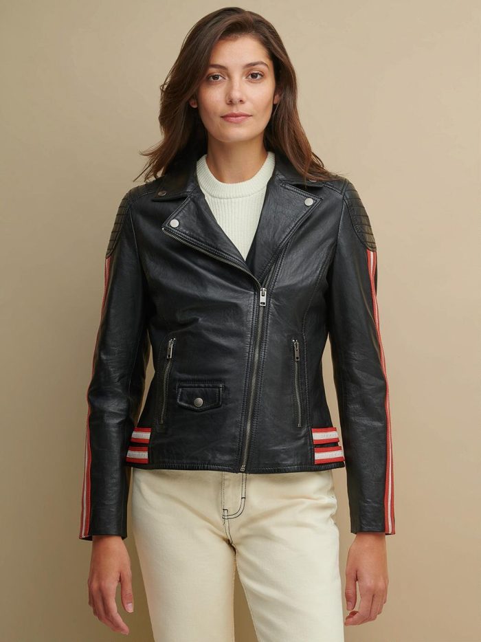 Grace asymmetrical black leather jacket for women - Image 2