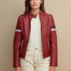 Jami red leather jacket with stripes for women