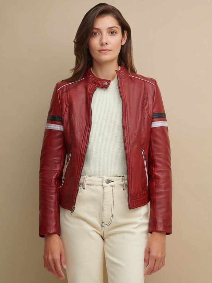 Jami red leather jacket with stripes for women