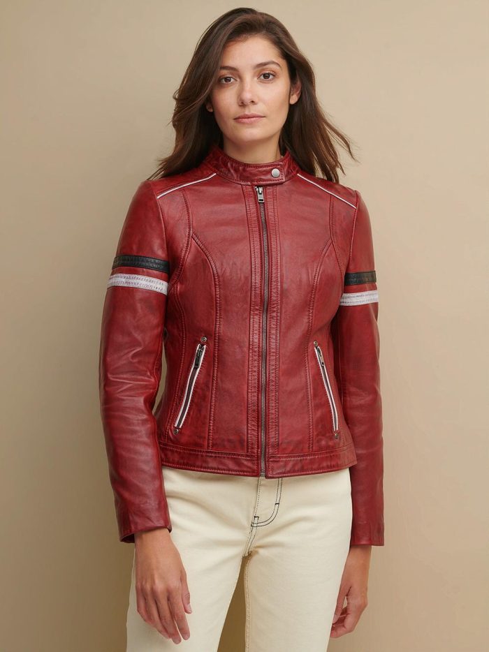 Jami red leather jacket with stripes for women - Image 2