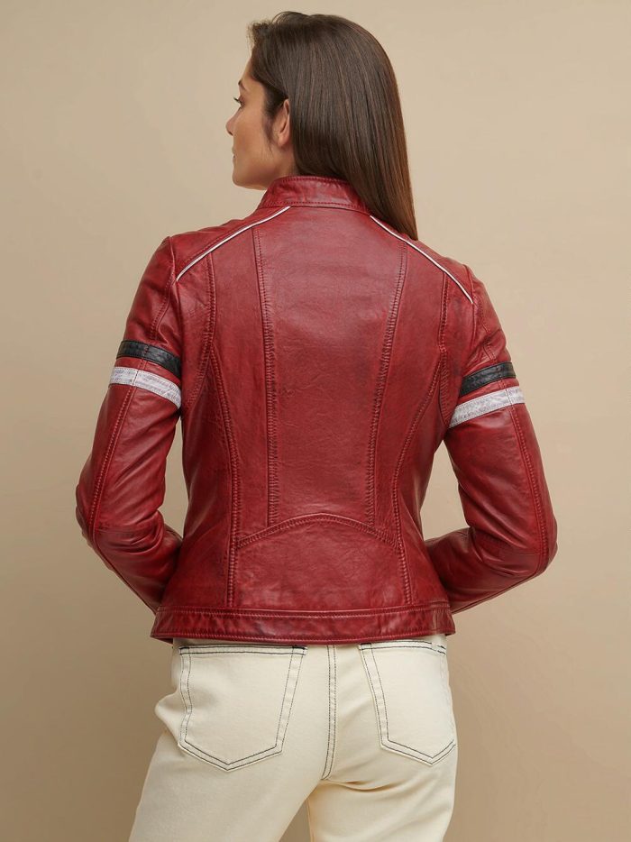 Jami red leather jacket with stripes for women - Image 3