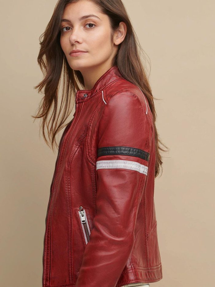 Jami red leather jacket with stripes for women - Image 4