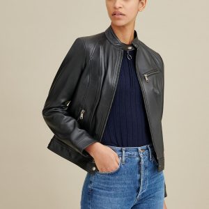 Snap tab collar black leather jacket for women