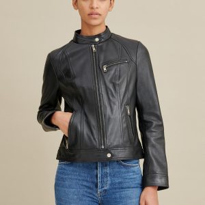 Snap tab collar black leather jacket for women - Image 4