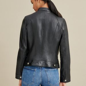 Snap tab collar black leather jacket for women - Image 2