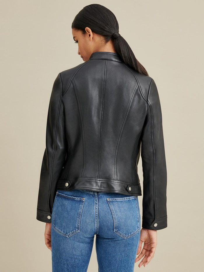 Snap tab collar black leather jacket for women - Image 2