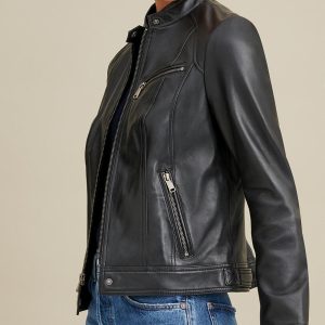 Snap tab collar black leather jacket for women - Image 3