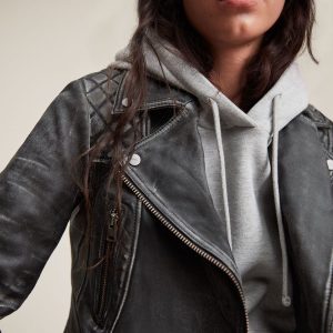 Vintage cargo black leather biker jacket for women