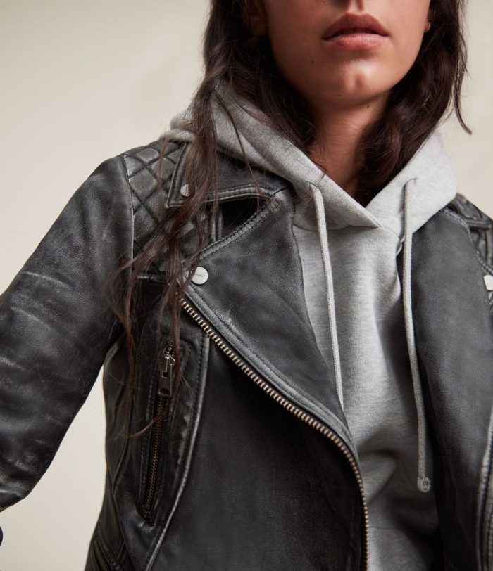 Vintage cargo black leather biker jacket for women