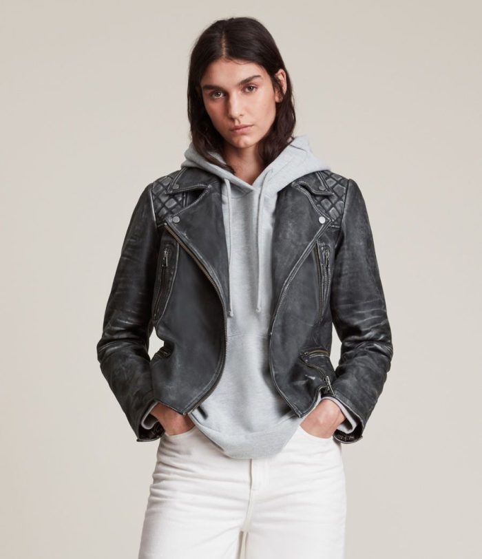 Vintage cargo black leather biker jacket for women - Image 4