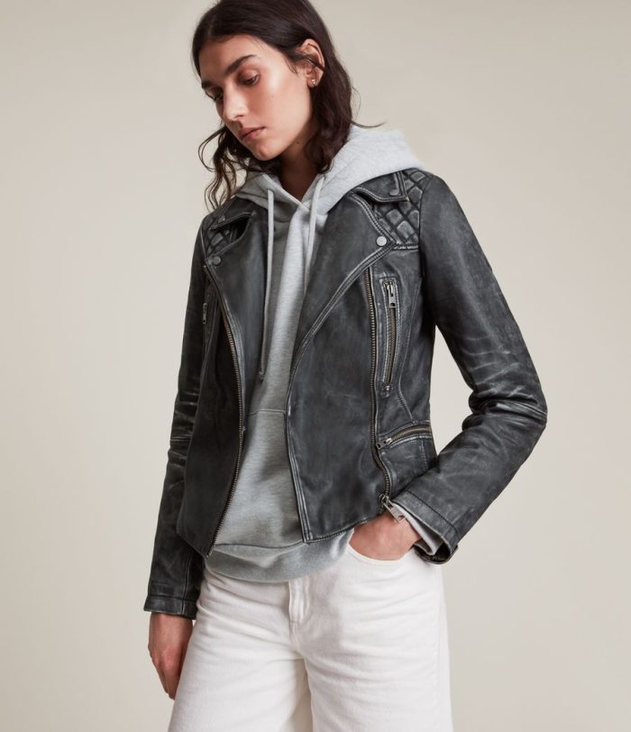 Vintage cargo black leather biker jacket for women - Image 3