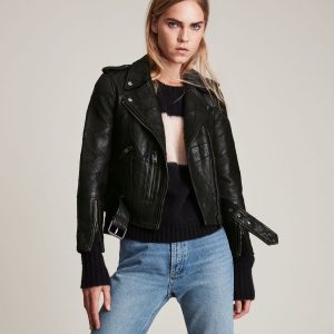 Balfern patch black leather biker jacket for women