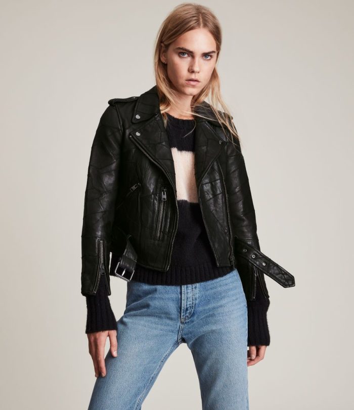 Balfern patch black leather biker jacket for women