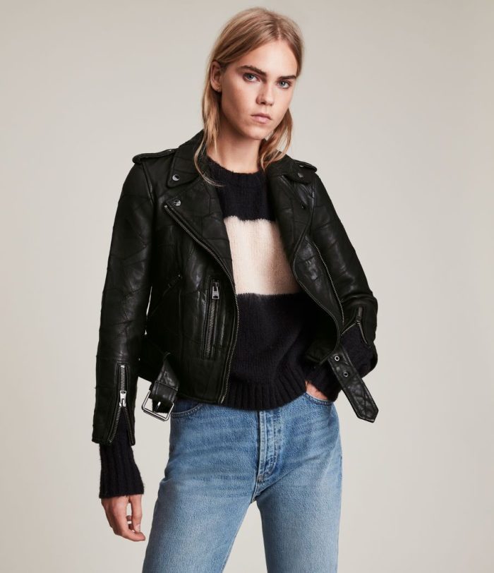 Balfern patch black leather biker jacket for women - Image 4