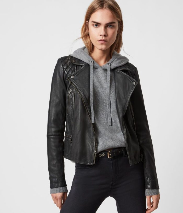 Cargo black leather biker jacket for women - Image 2