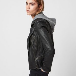 Cargo black leather biker jacket for women
