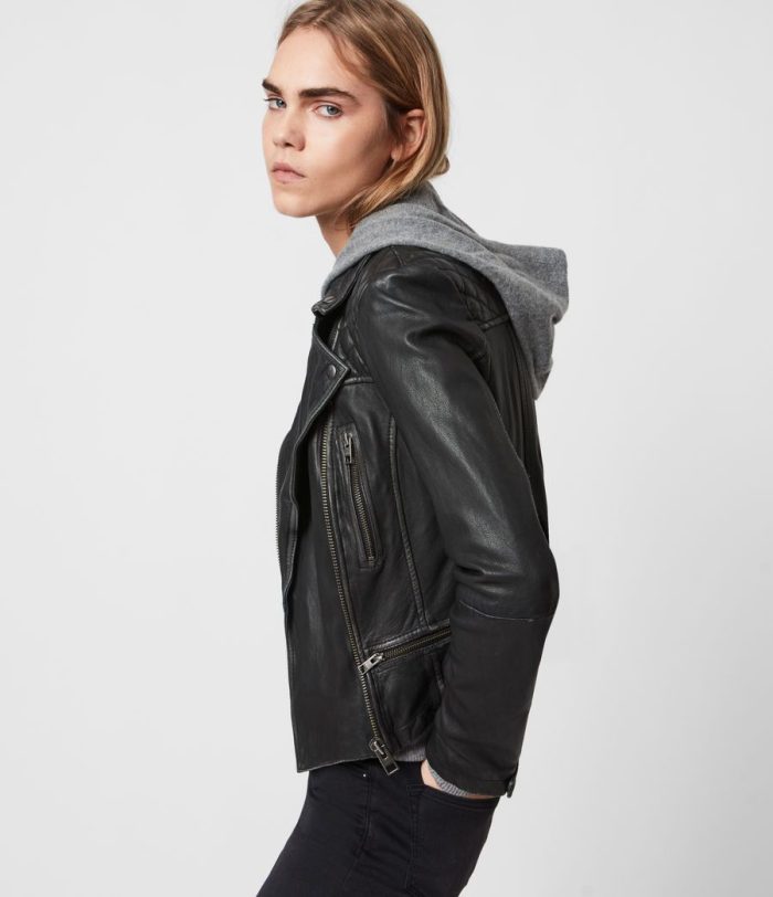 Cargo black leather biker jacket for women
