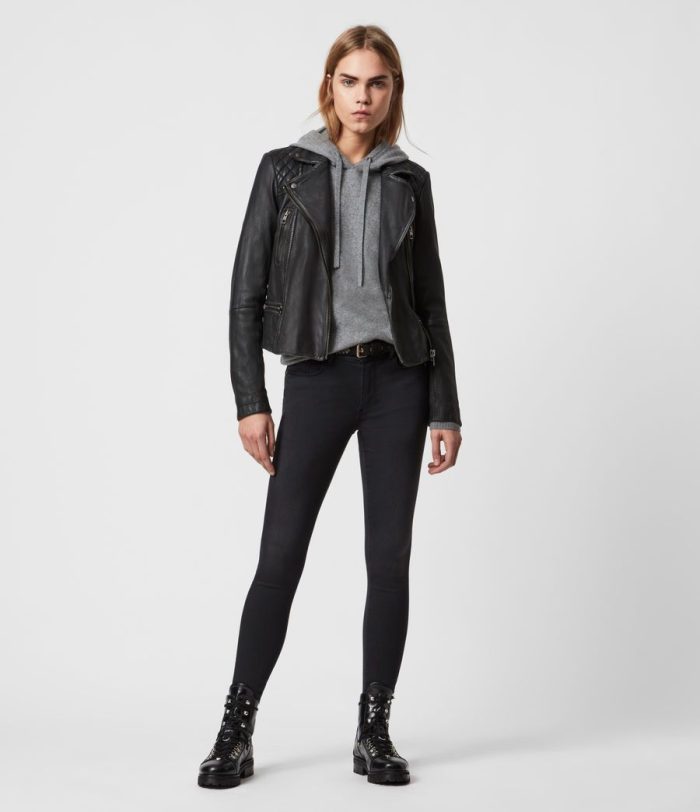 Cargo black leather biker jacket for women - Image 3