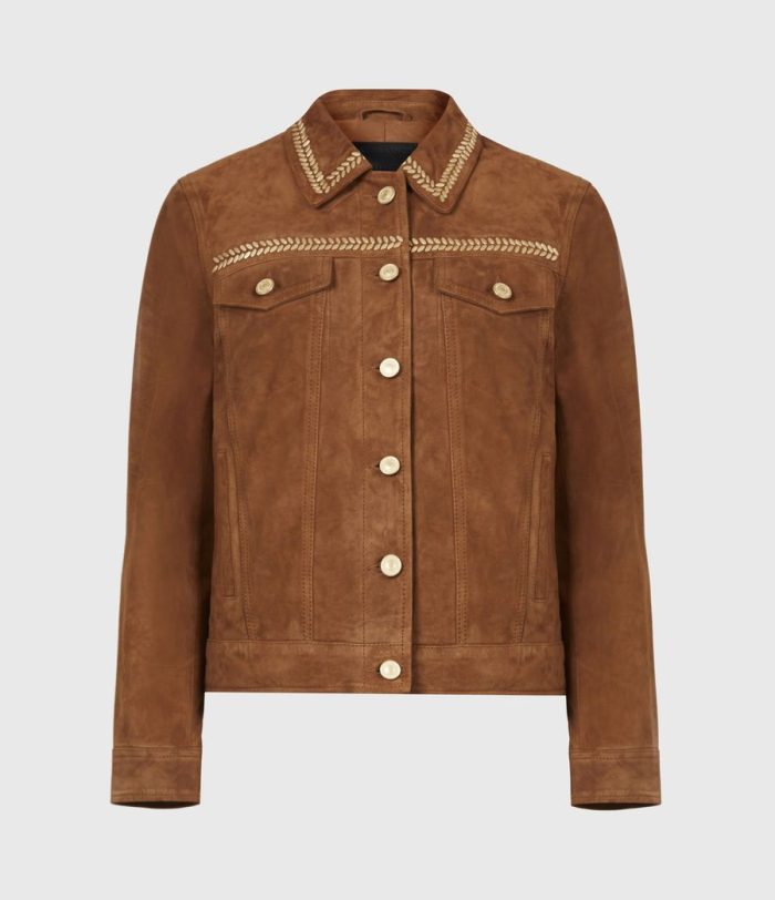 Delvy brown suede trucker jacket for women