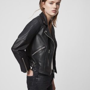 Estella black leather biker jacket for women - Image 2