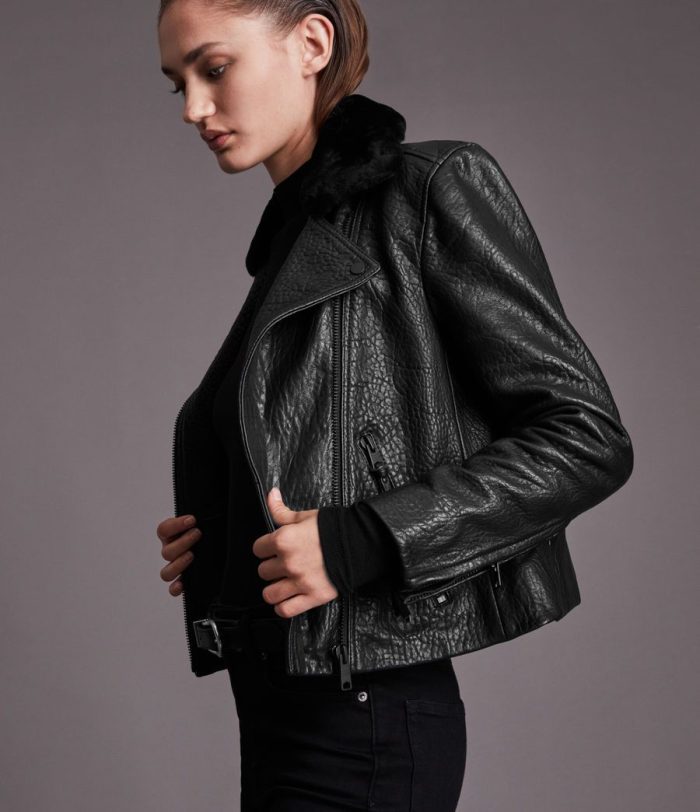 Dalby bubble black leather biker jacket for women - Image 2