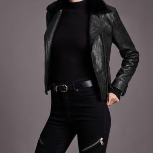 Dalby bubble black leather biker jacket for women