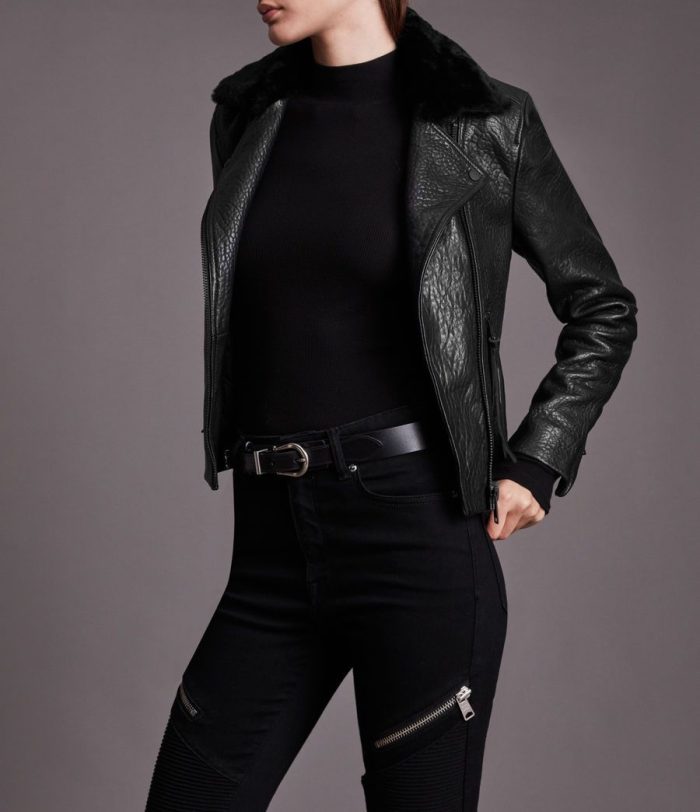 Dalby bubble black leather biker jacket for women