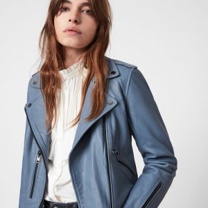 Fern blue leather biker jacket for women