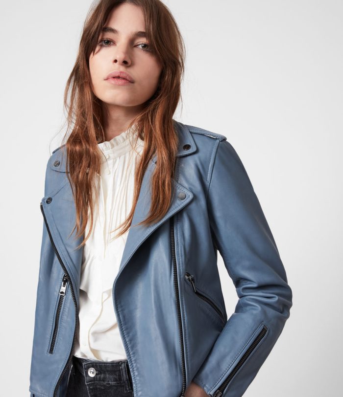 Fern blue leather biker jacket for women