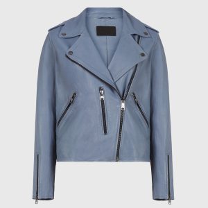 Fern blue leather biker jacket for women - Image 2