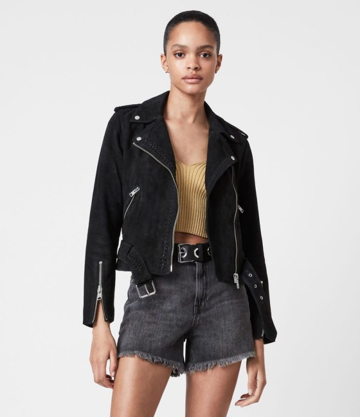 Braided black suede biker jacket for women - Image 3