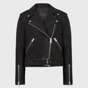 Braided black suede biker jacket for women