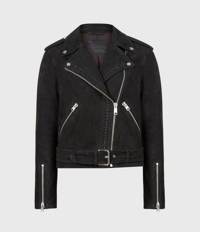 Braided black suede biker jacket for women