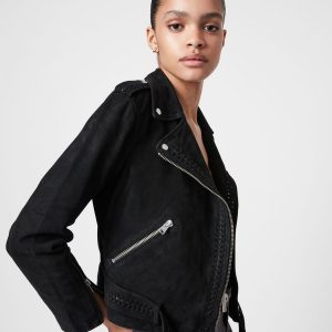 Braided black suede biker jacket for women - Image 2