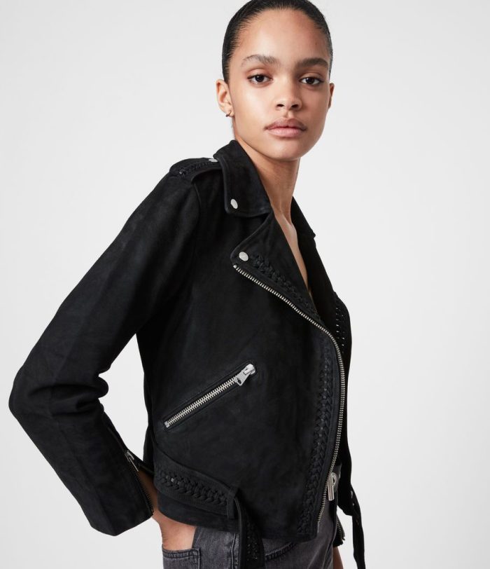 Braided black suede biker jacket for women - Image 2