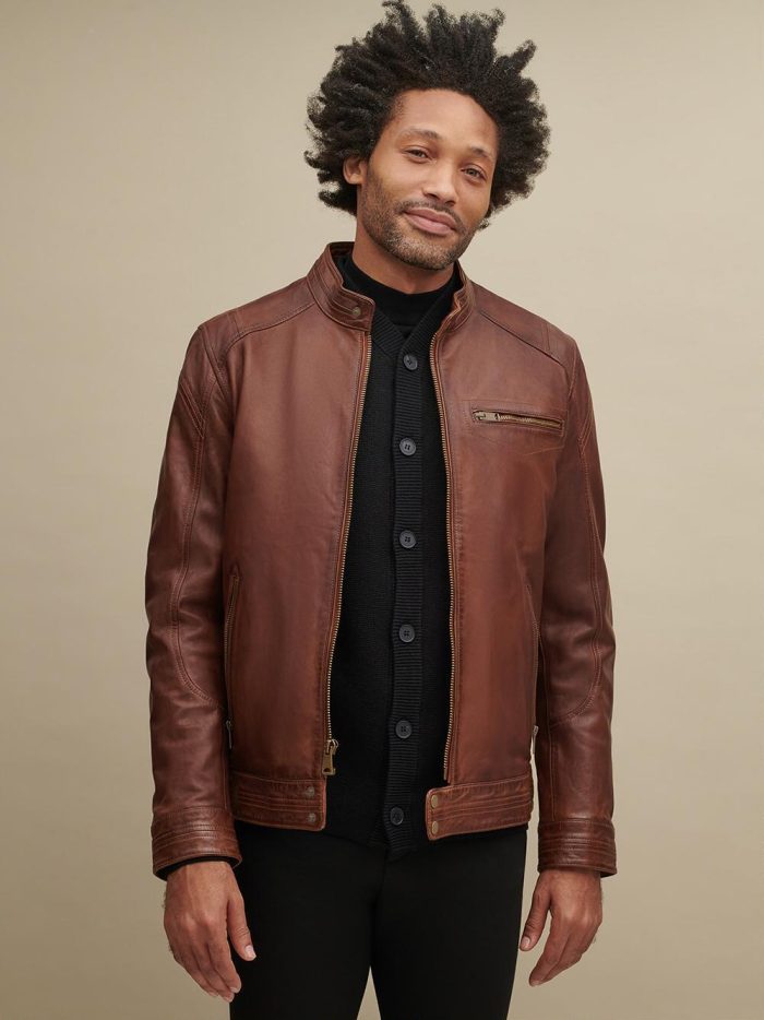 Jerry three pocket brown leather jacket for men - Image 3
