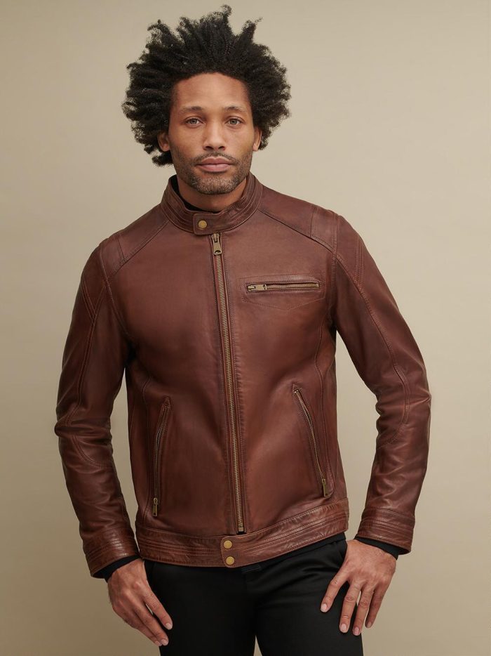 Jerry three pocket brown leather jacket for men