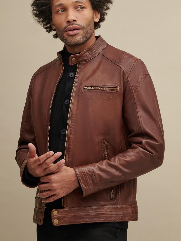 Jerry three pocket brown leather jacket for men - Image 4