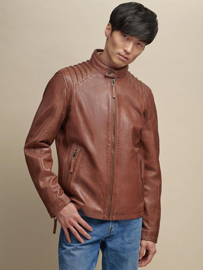 Eli two pocket brown leather jacket for men - Image 2