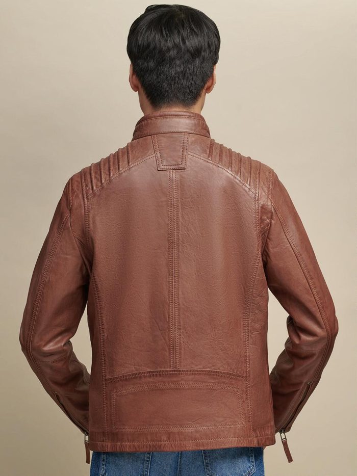 Eli two pocket brown leather jacket for men - Image 4