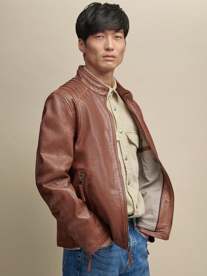 Eli two pocket brown leather jacket for men - Image 3